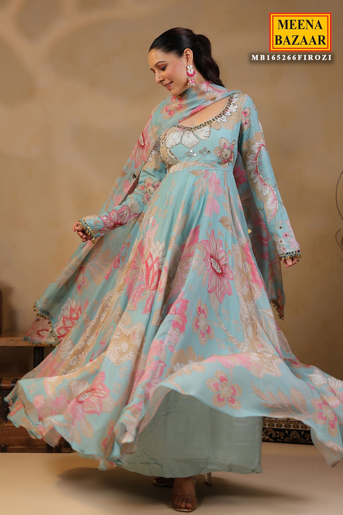 Firozi Organza Mirror And Cut-Dana Embroidered Gown