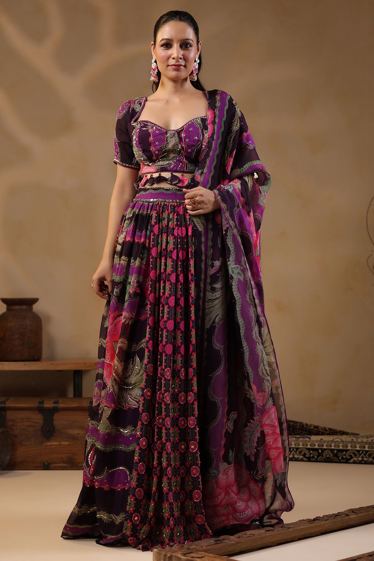 Purple Georgette Floral Printed Lehenga Set With Embroidery