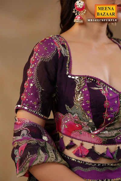 Purple Georgette Floral Printed Lehenga Set With Embroidery