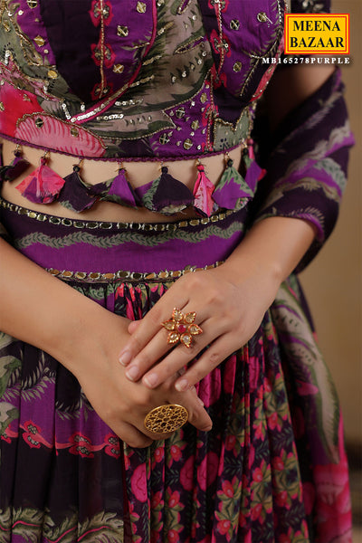 Purple Georgette Floral Printed Lehenga Set With Embroidery