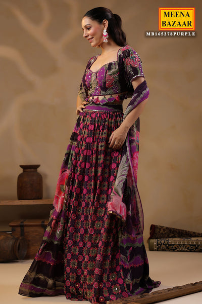 Purple Georgette Floral Printed Lehenga Set With Embroidery