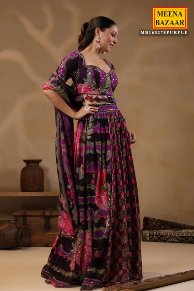 Purple Georgette Floral Printed Lehenga Set With Embroidery