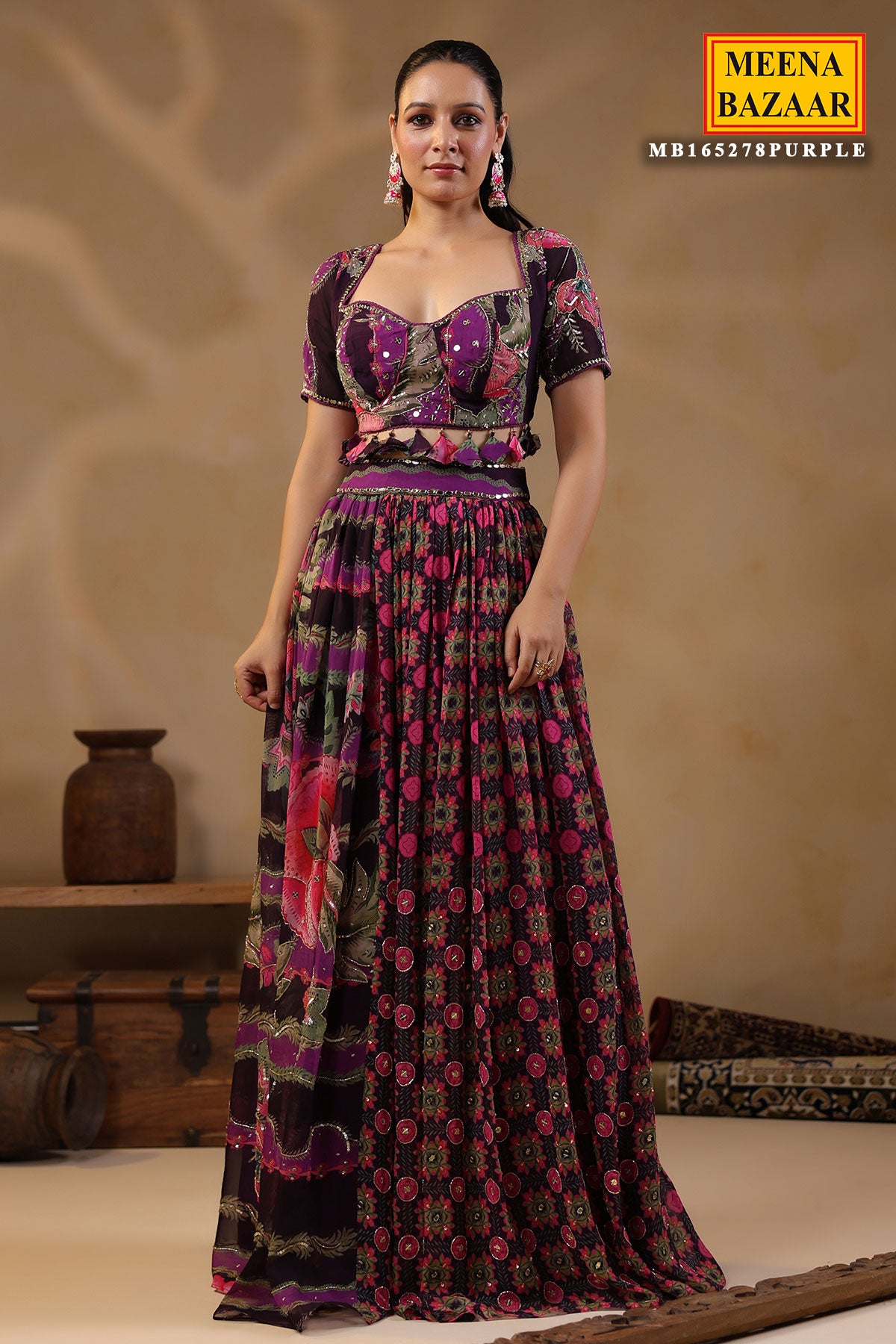 Purple Georgette Floral Printed Lehenga Set With Embroidery