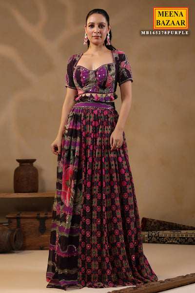 Purple Georgette Floral Printed Lehenga Set With Embroidery
