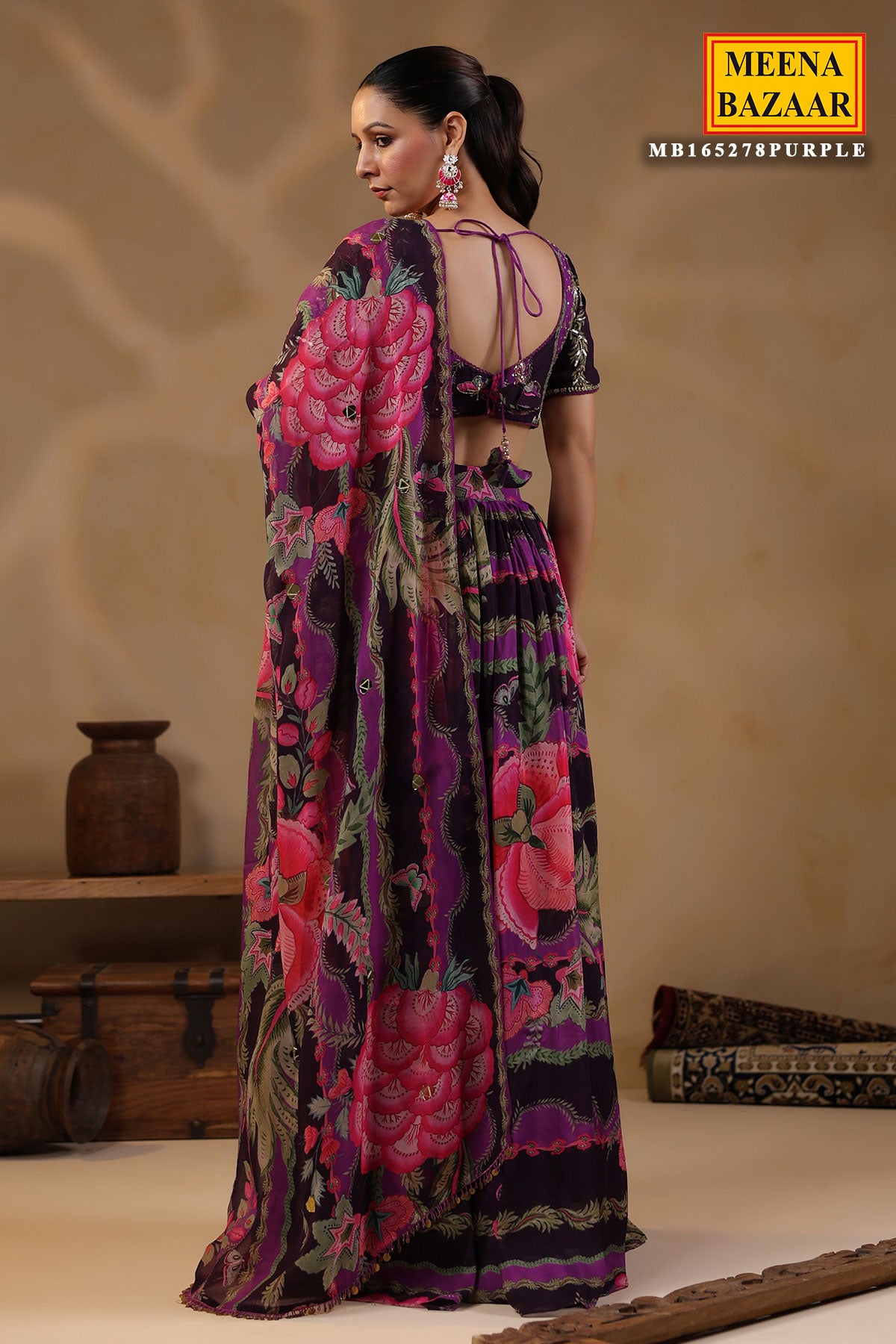 Purple Georgette Floral Printed Lehenga Set With Embroidery