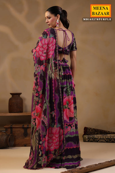 Purple Georgette Floral Printed Lehenga Set With Embroidery