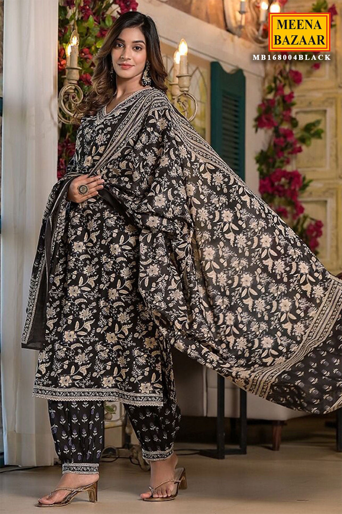 Black Cotton Floral Printed Suit with Embroidered Neckline
