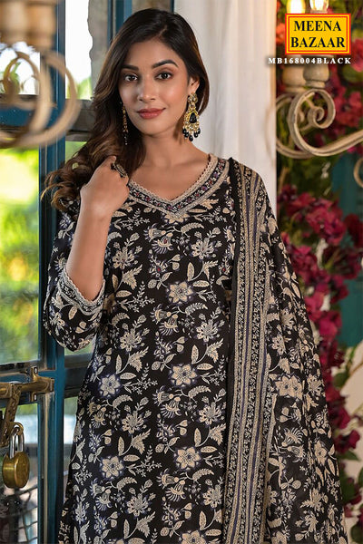 Black Cotton Floral Printed Suit with Embroidered Neckline