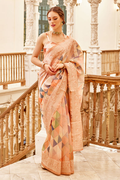 Peach Chanderi Printed Resham Embroidered Saree