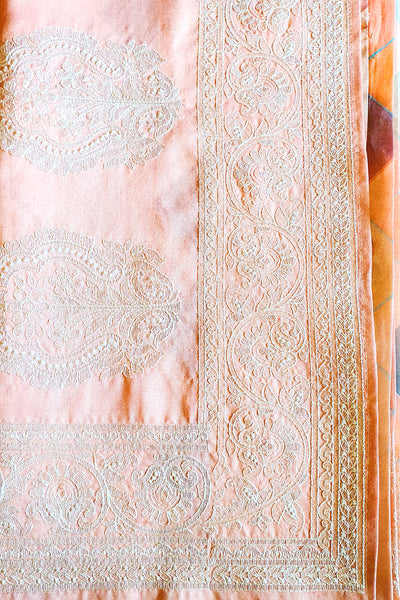 Peach Chanderi Printed Resham Embroidered Saree