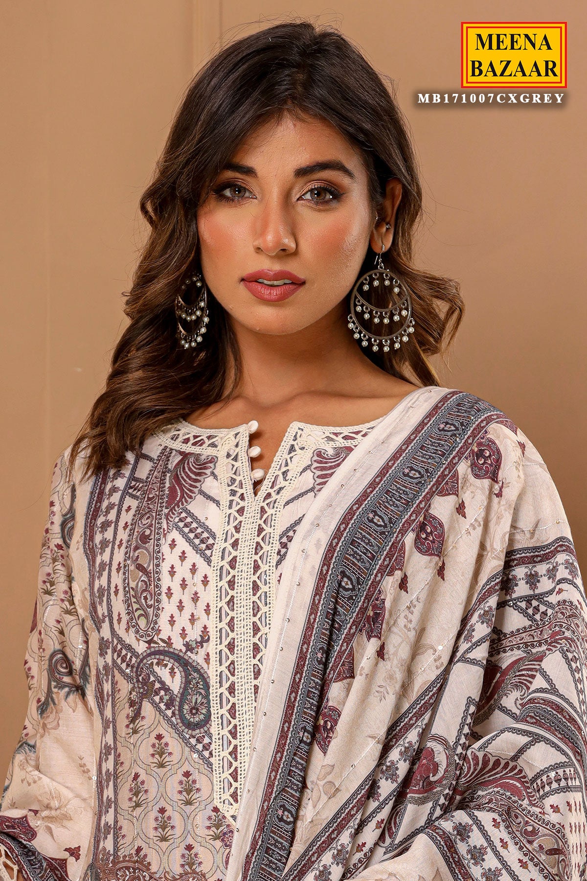 Grey Maslin Ready Made Suit with Elegant Neck Embroidery