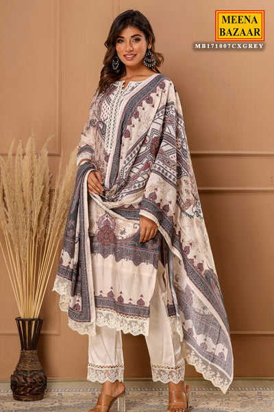Grey Maslin Ready Made Suit with Elegant Neck Embroidery