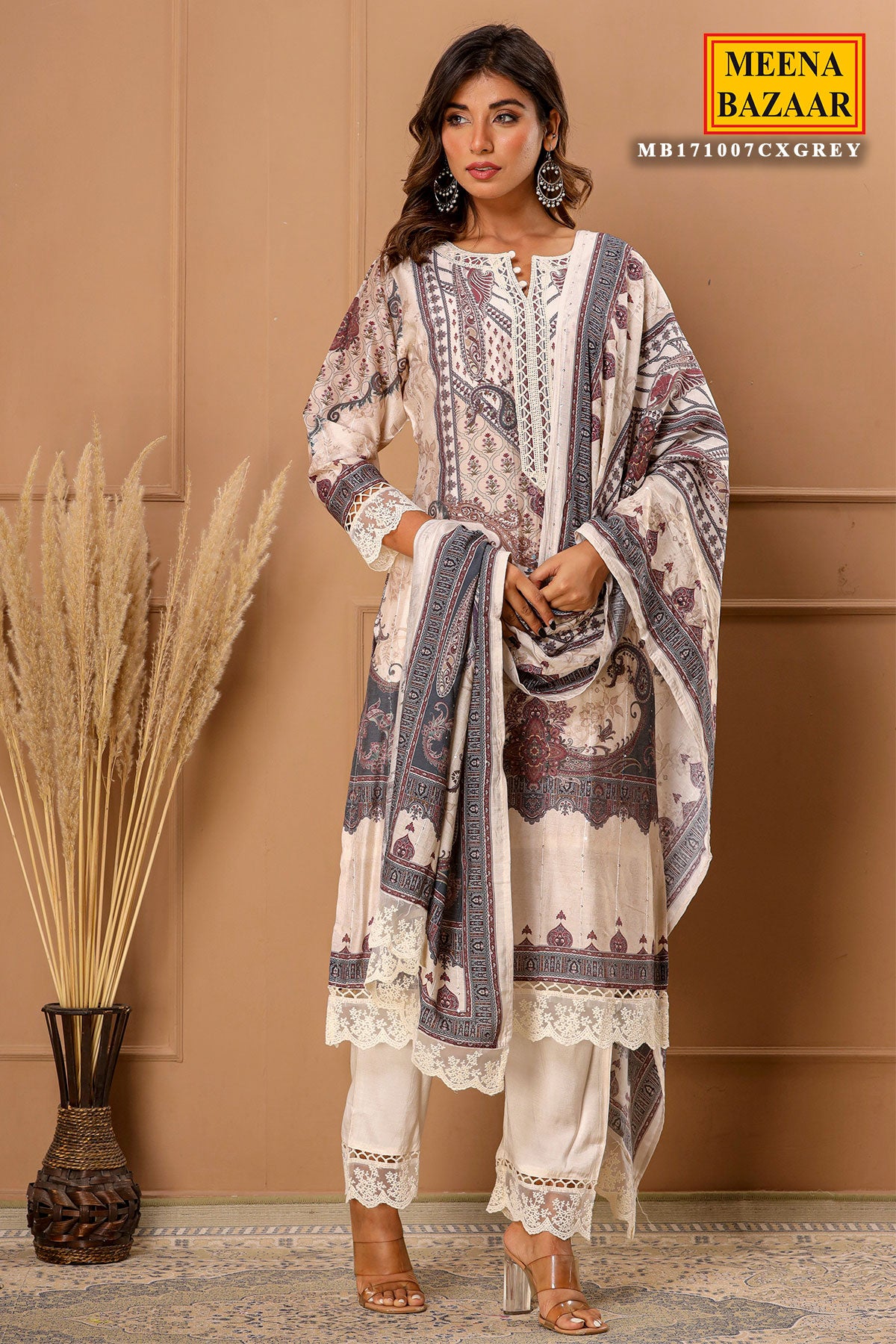 Grey Muslin Printed Suit with Embroidered Neck