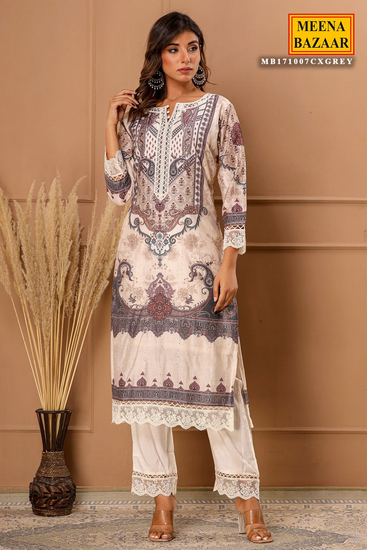 Grey Maslin Ready Made Suit with Elegant Neck Embroidery