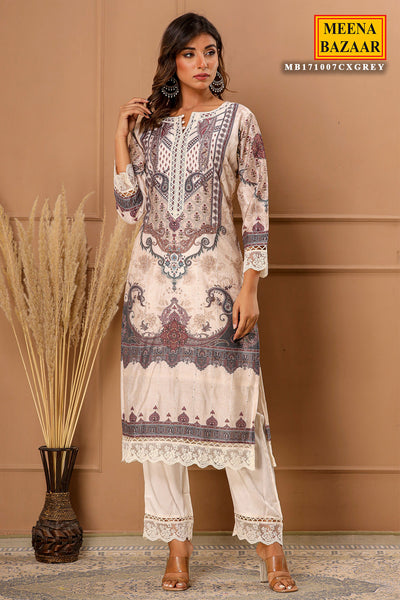 Grey Muslin Printed Suit with Embroidered Neck