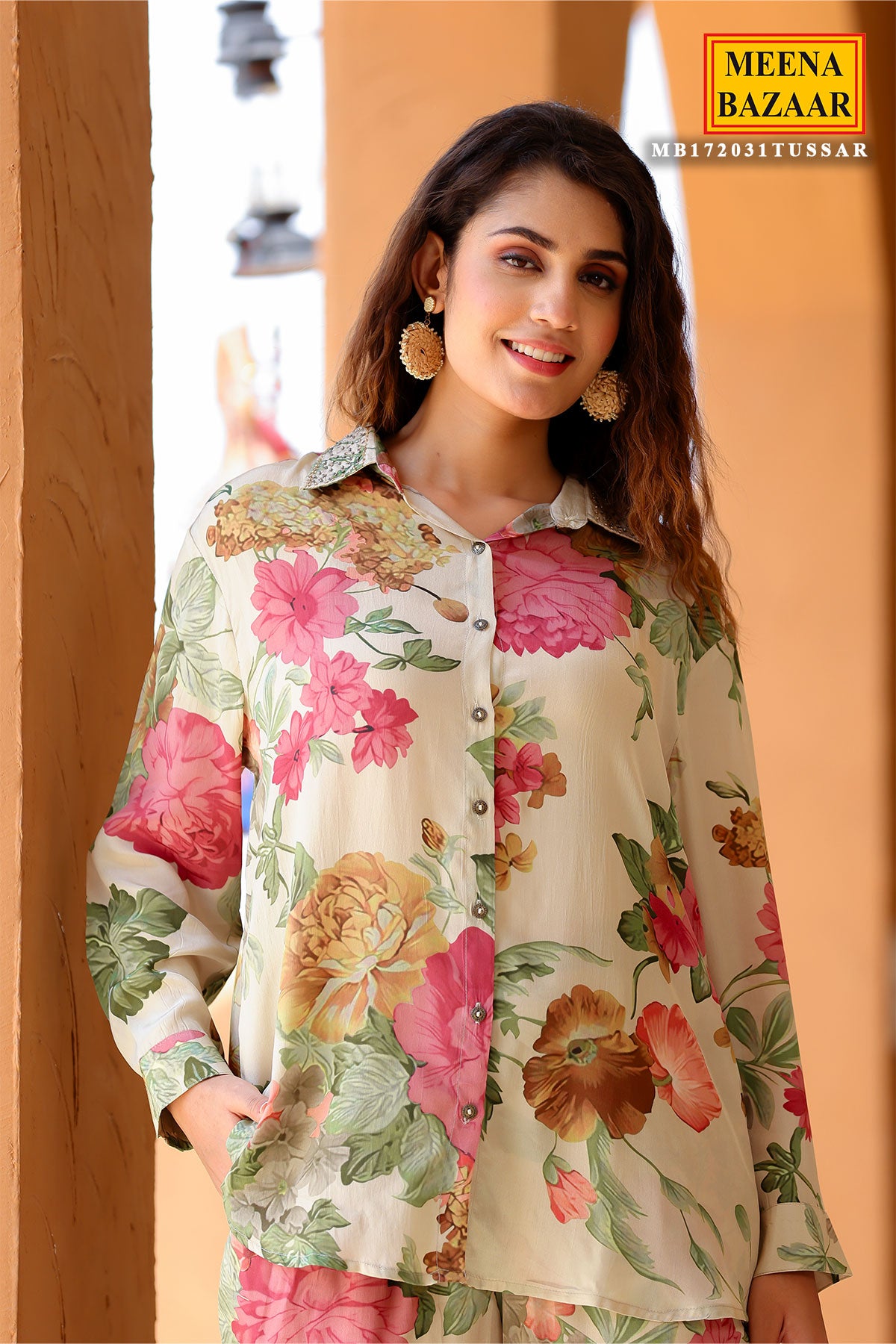 Tussar Crepe Floral Printed Neck Embroidered Co-ord Set