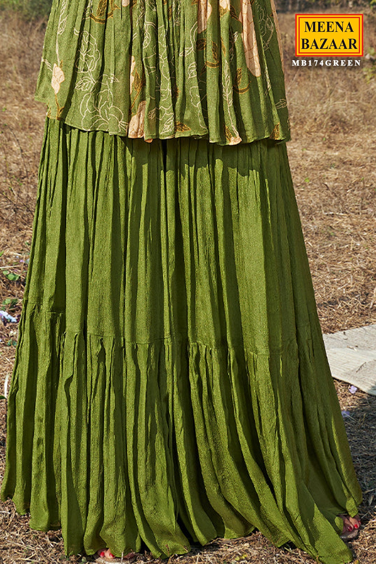 Green Floral Printed Pleated Kurti-Gharara Set with Beads, Cutdana, and Thread Embroidery