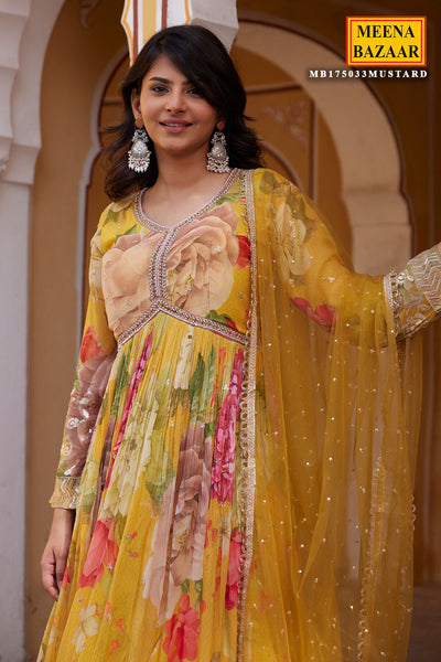Mustard Georgette Embroidered Anarkali Gown and Dupatta Suit Set