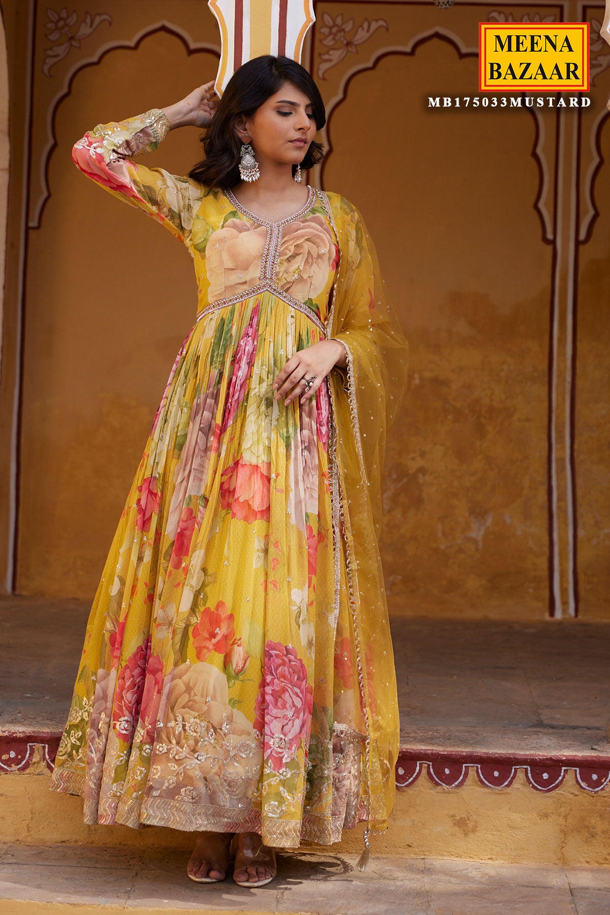 Mustard Georgette Embroidered Anarkali Gown and Dupatta Suit Set