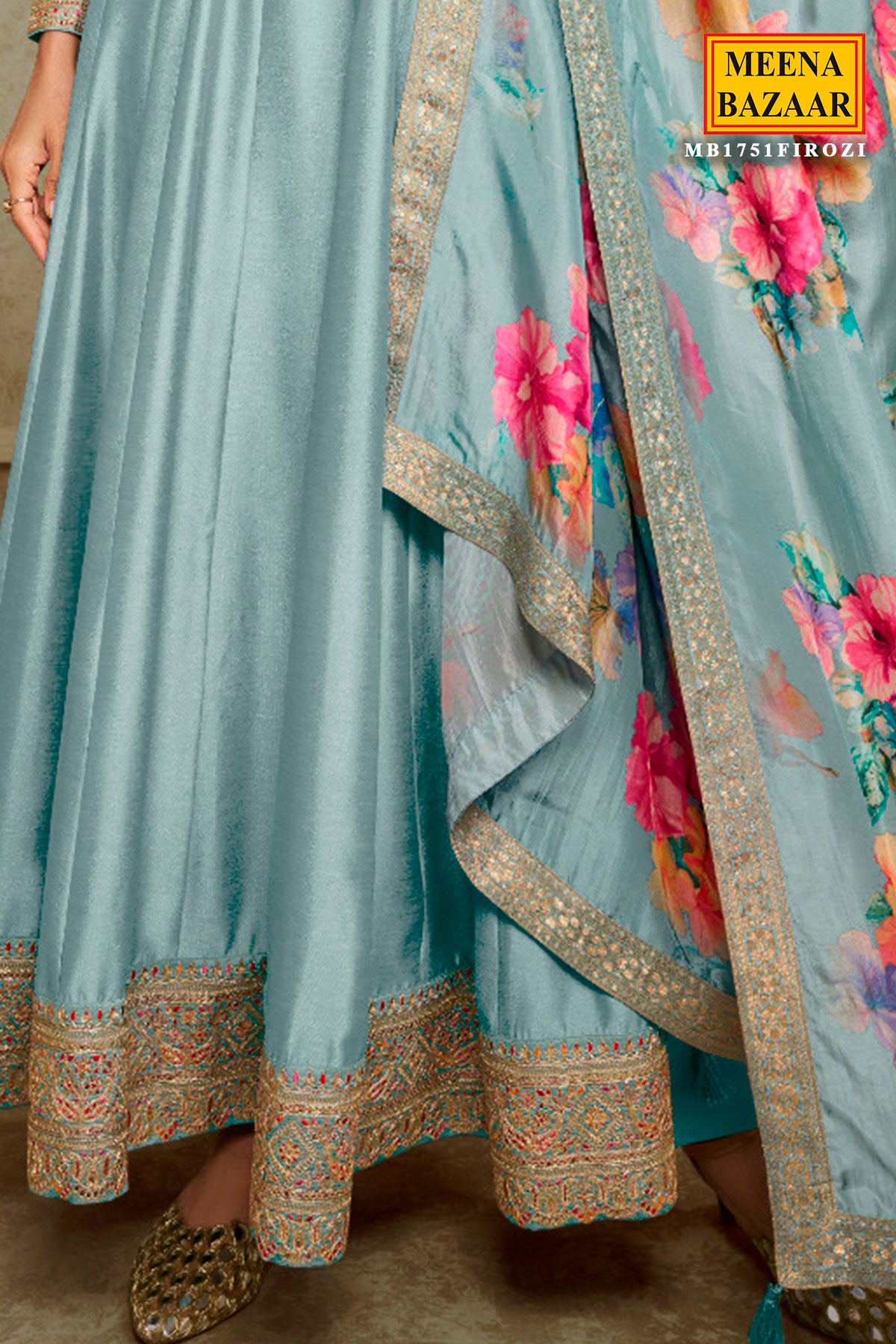 Blue Soft Silk Embroidered Anarkali Gown Dupatta Set