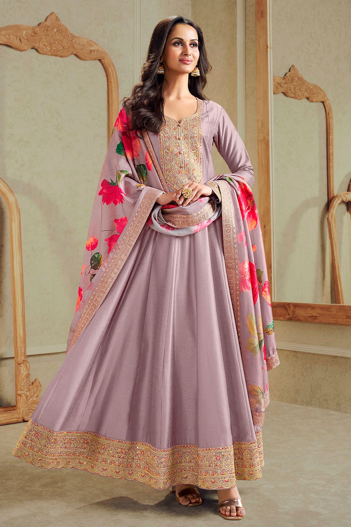 Mauve Soft Silk Embroidered Anarkali Gown Dupatta Set