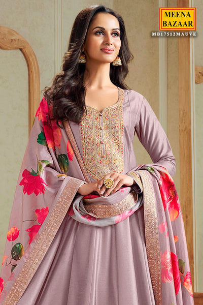 Mauve Soft Silk Embroidered Anarkali Gown Dupatta Set