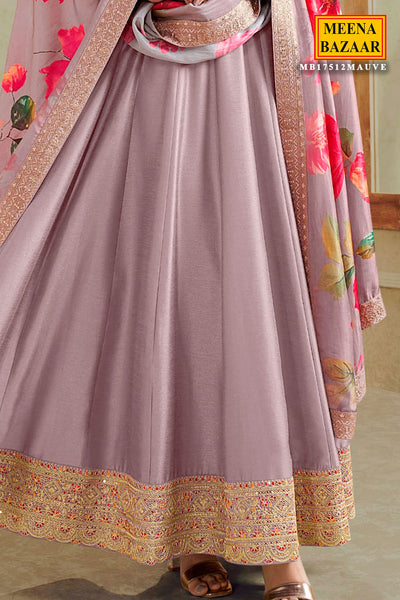 Mauve Soft Silk Embroidered Anarkali Gown Dupatta Set