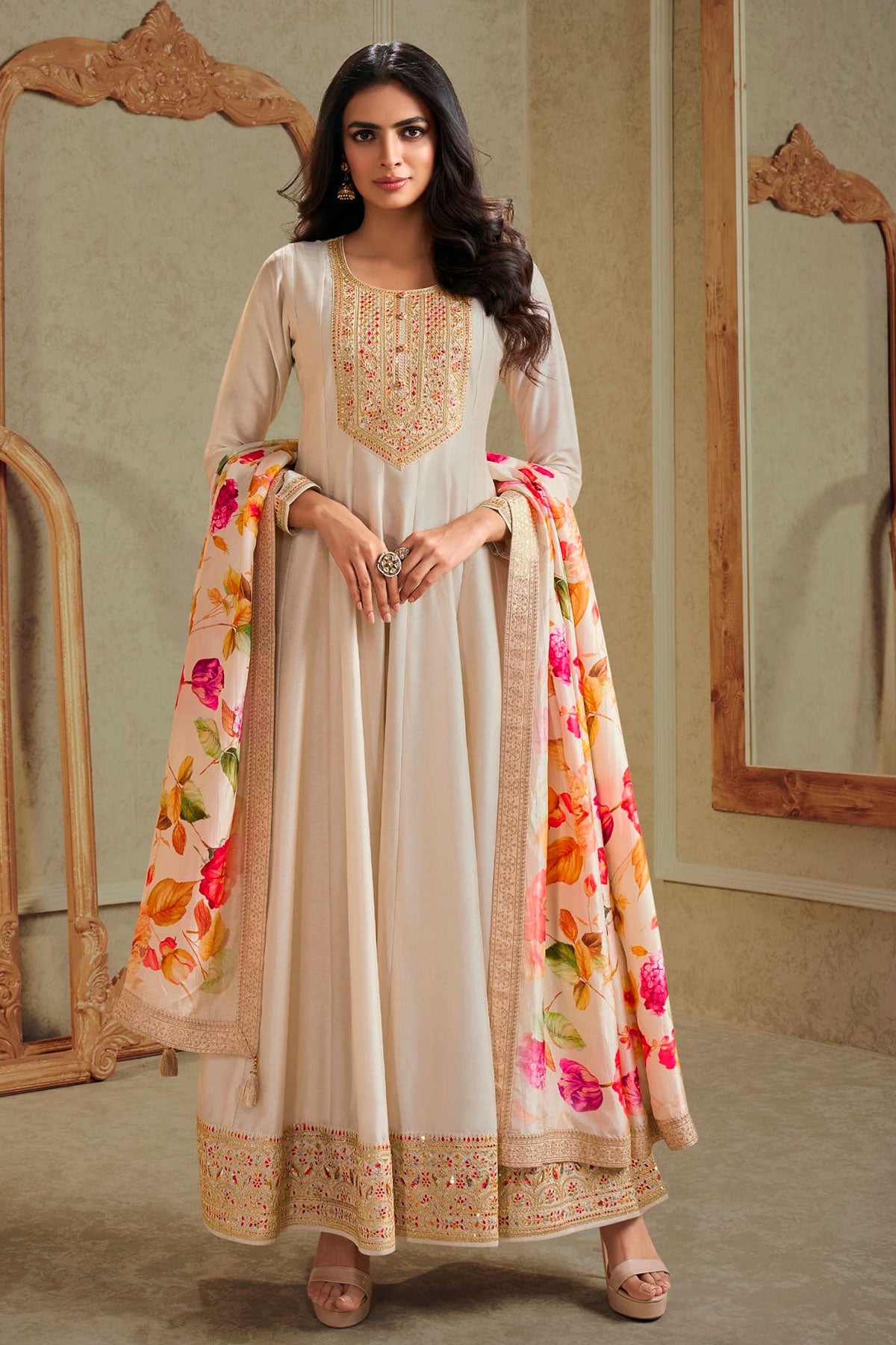 Misty Rose Soft Silk Embroidered Anarkali Gown Dupatta Set