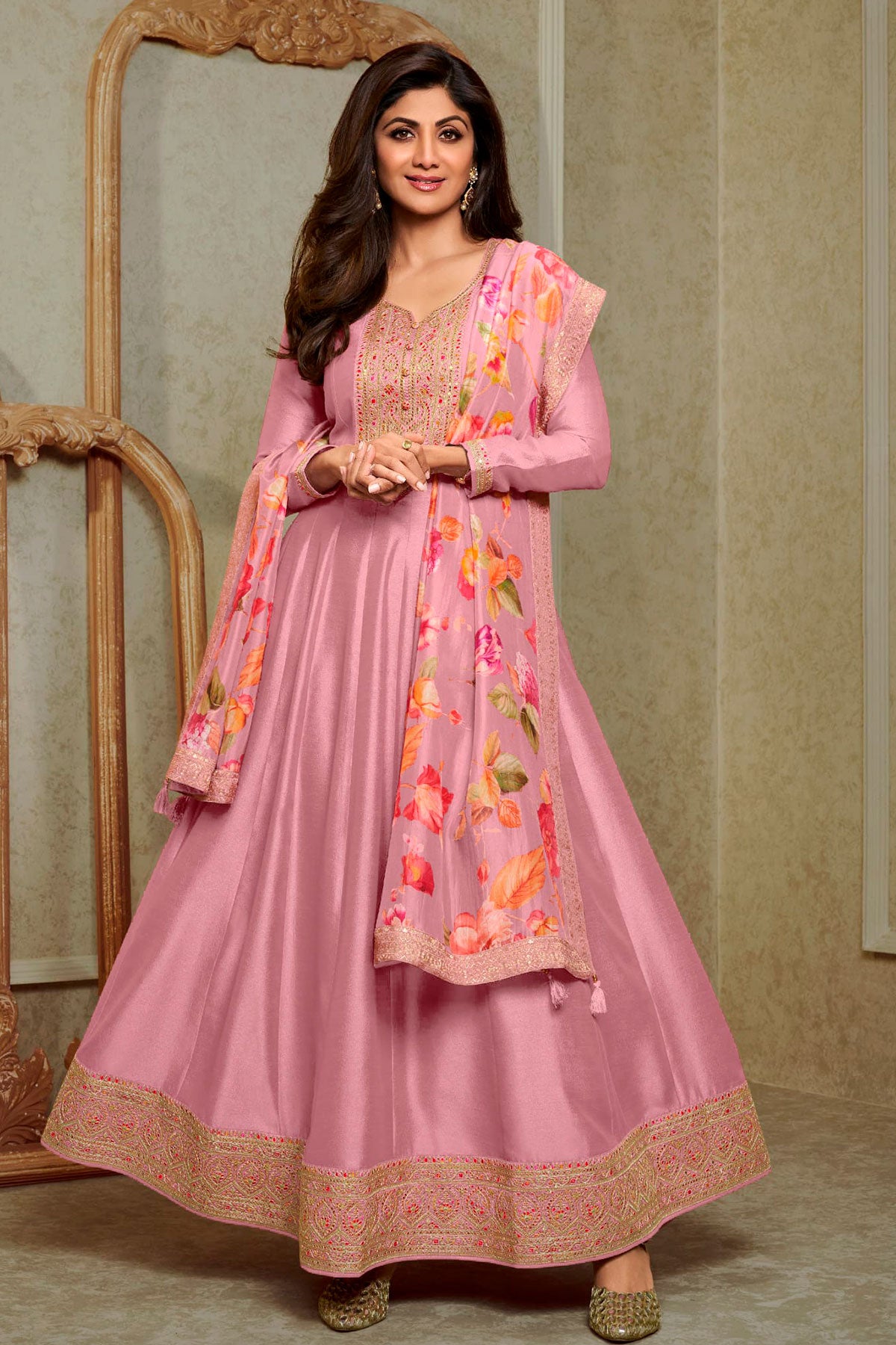 Pink Soft Silk Embroidered Anarkali Gown Dupatta Set