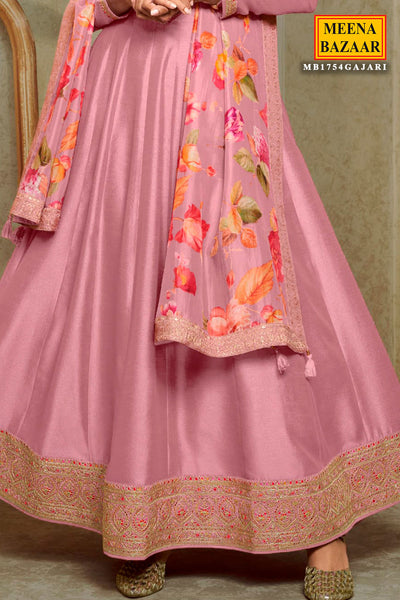 Pink Soft Silk Embroidered Anarkali Gown Dupatta Set