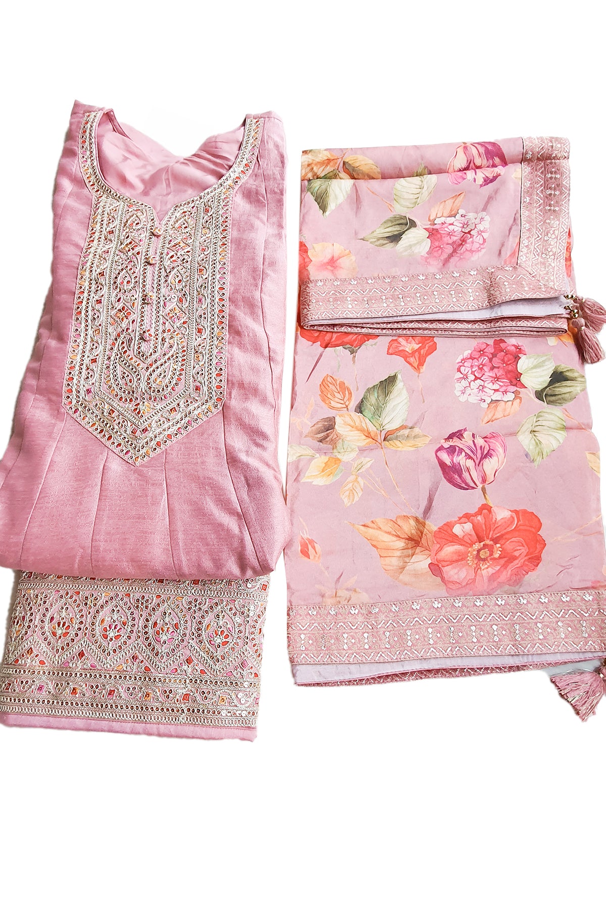 Pink Soft Silk Embroidered Anarkali Gown Dupatta Set