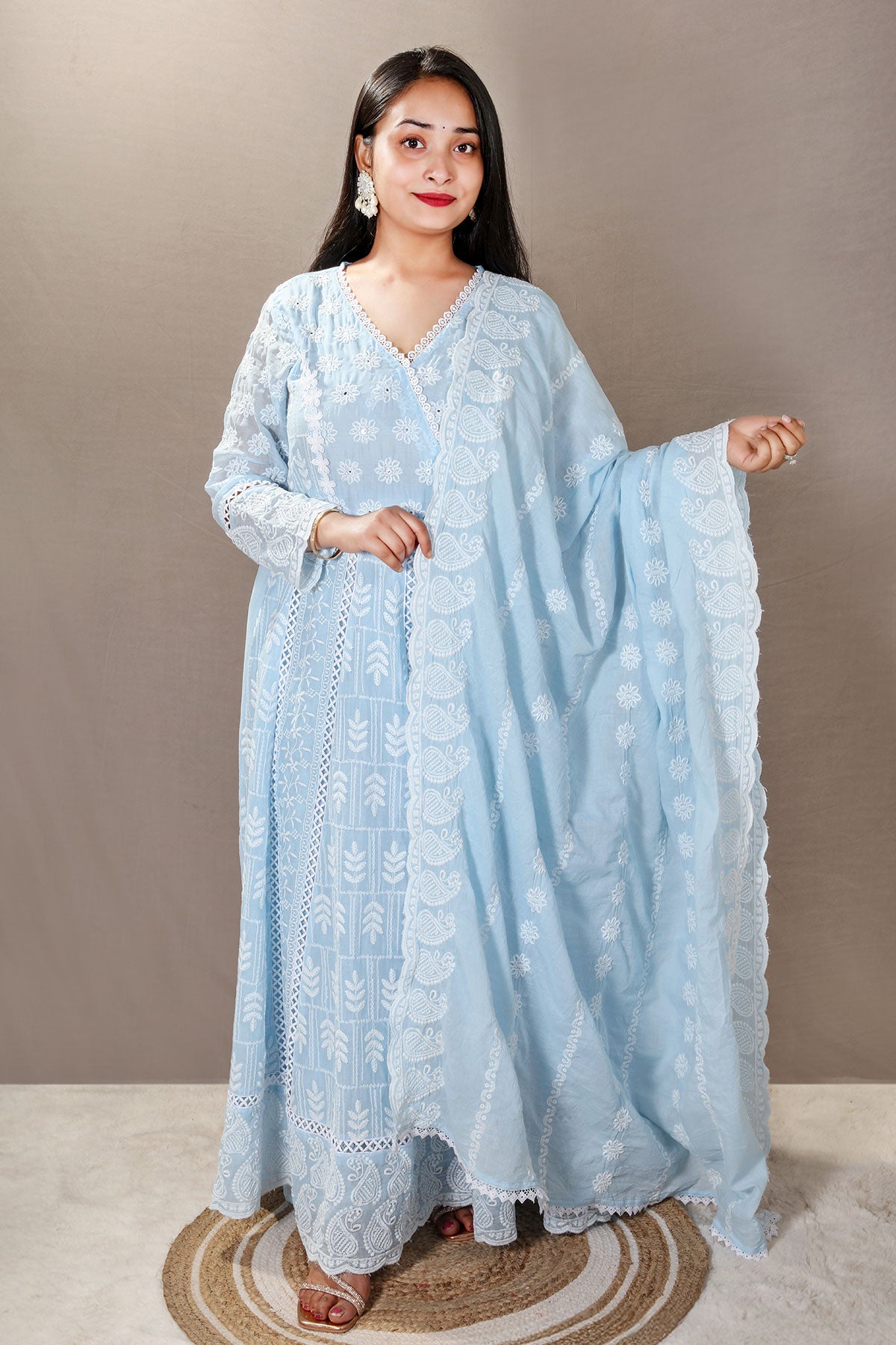 Light Blue Cotton Anarkali Suit With Lace Cut Work