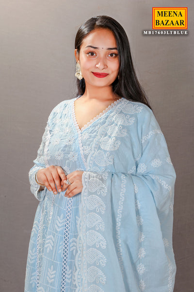 Light Blue Cotton Anarkali Suit With Lace Cut Work