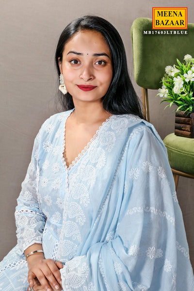 Light Blue Cotton Anarkali Suit With Lace Cut Work
