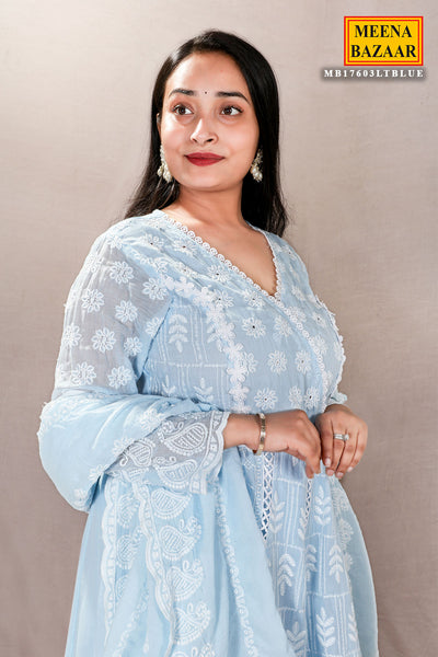 Light Blue Cotton Anarkali Suit With Lace Cut Work
