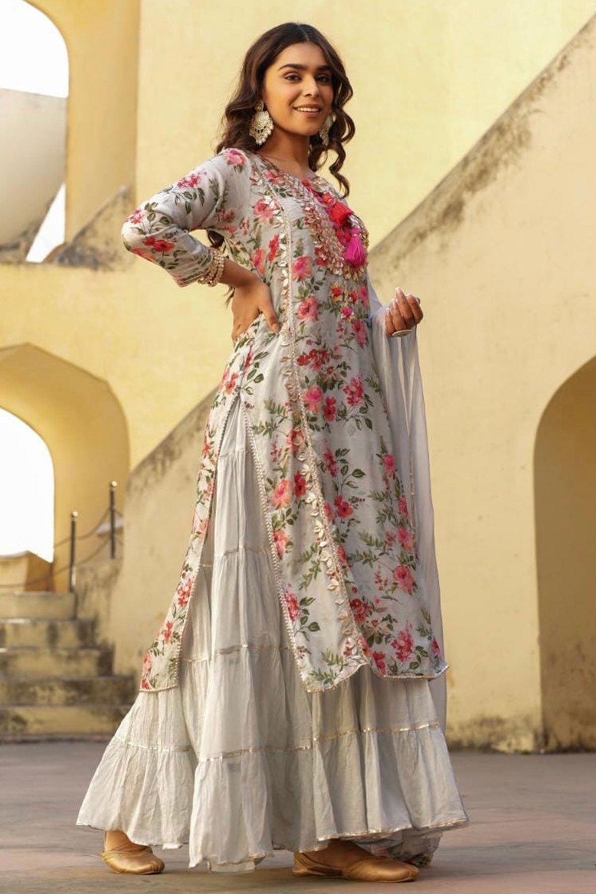 Light Grey Muslin Floral Printed Gota Embroidered Dress