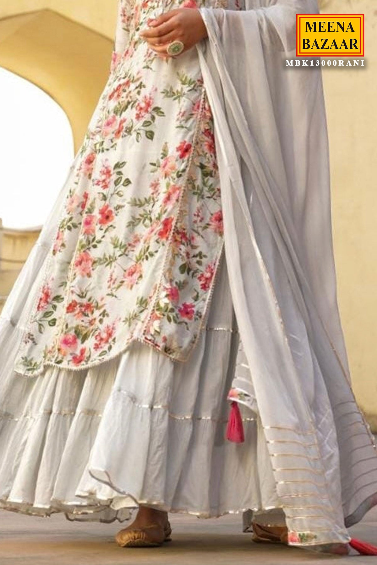 Light Grey Muslin Floral Printed Gota Embroidered Dress