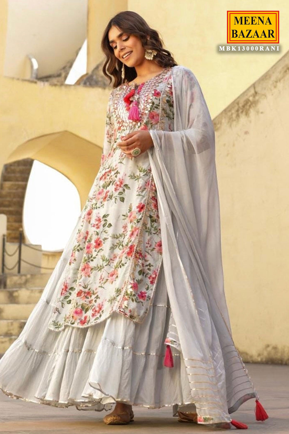 Light Grey Muslin Floral Printed Gota Embroidered Dress