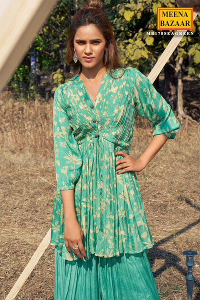 Sea Green Floral Printed Pleated Kurti-Gharara Set with Beads, Cutdana, and Thread Embroidery
