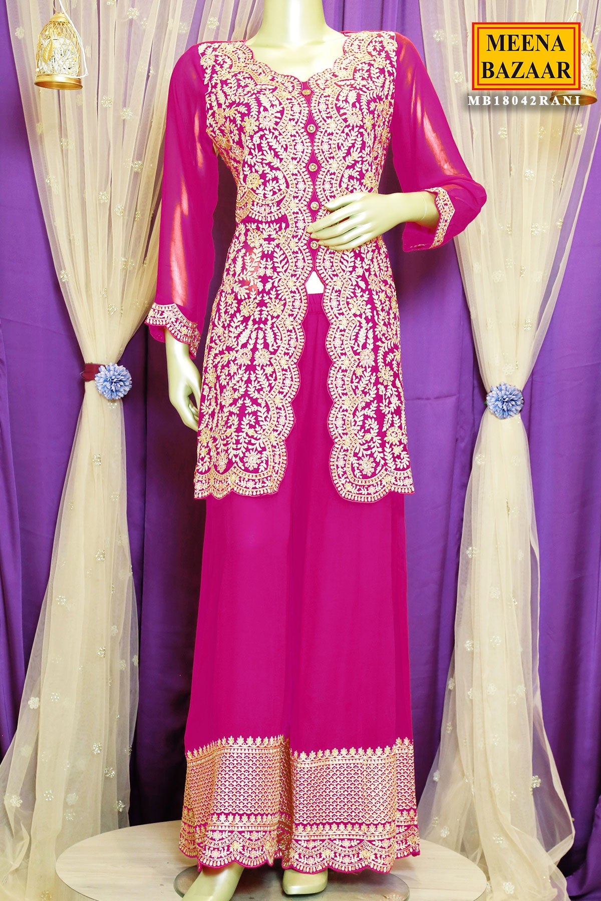 Rani Georgette Zari Cutdana Swarovski Embroidered Sharara Suit