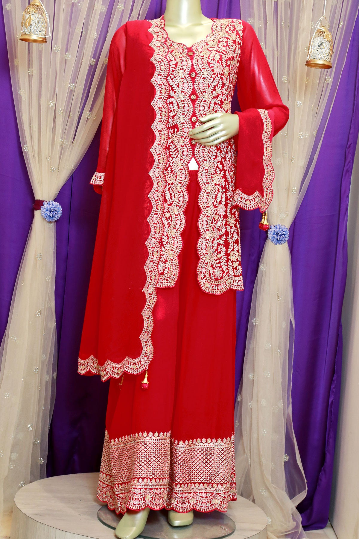 Red Georgette Zari Cutdana Swarovski Embroidered Sharara Suit