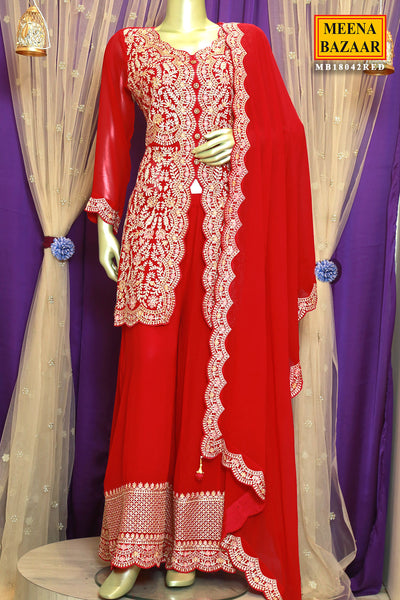 Red Georgette Zari Cutdana Swarovski Embroidered Sharara Suit