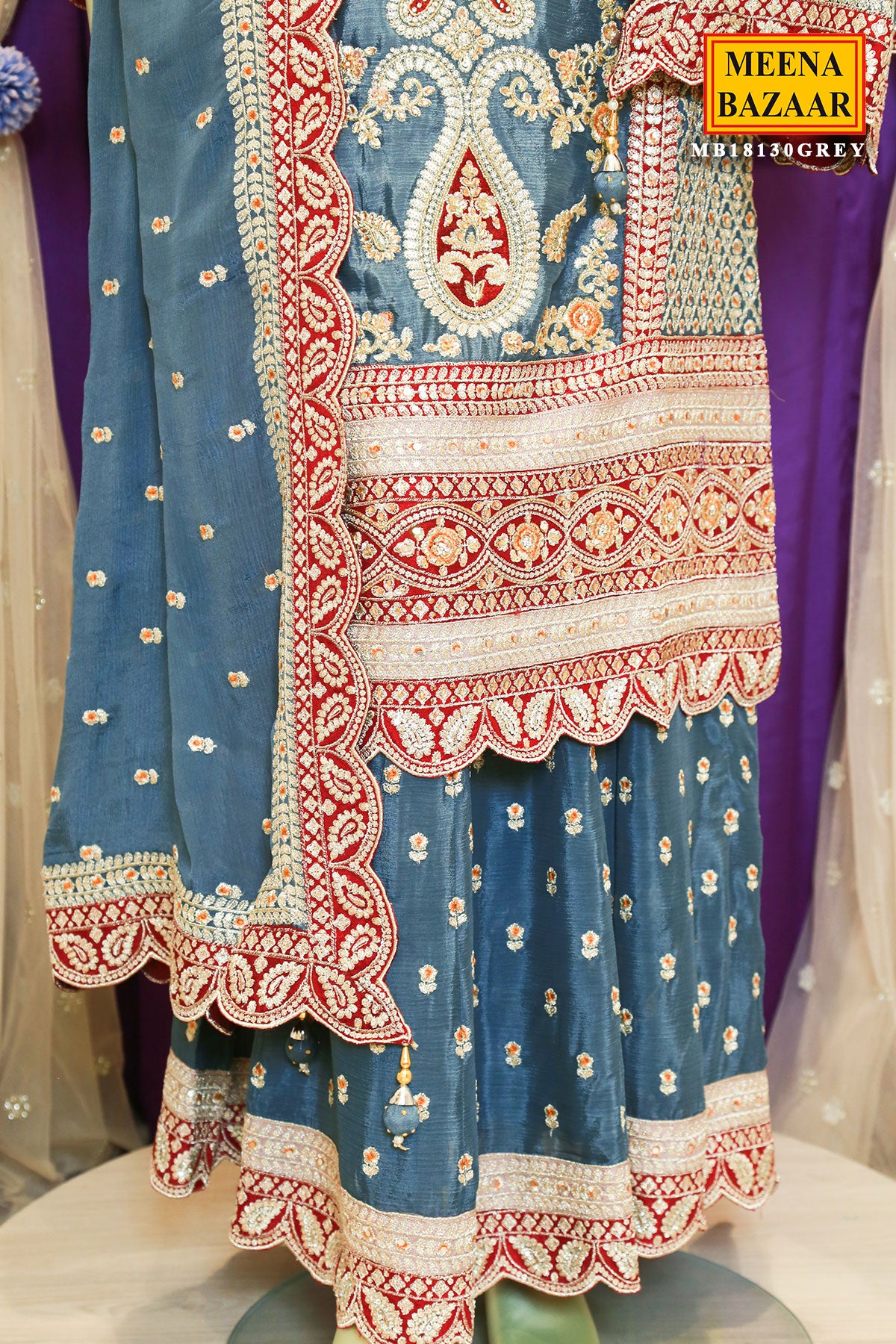 Grey Chinon Zari Cutdana and Sequins Embroidered Kurti Skirt Set with Dupatta