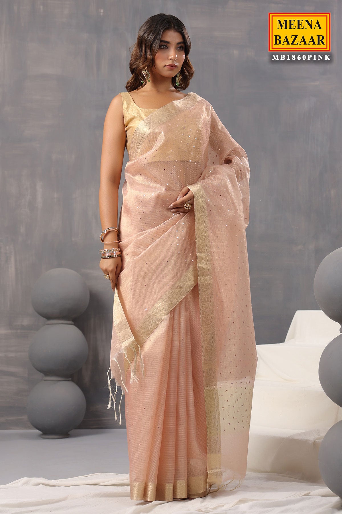 Pink Cotton Tissue Woven Saree