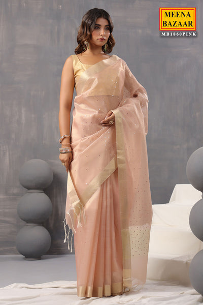 Pink Cotton Tissue Woven Saree