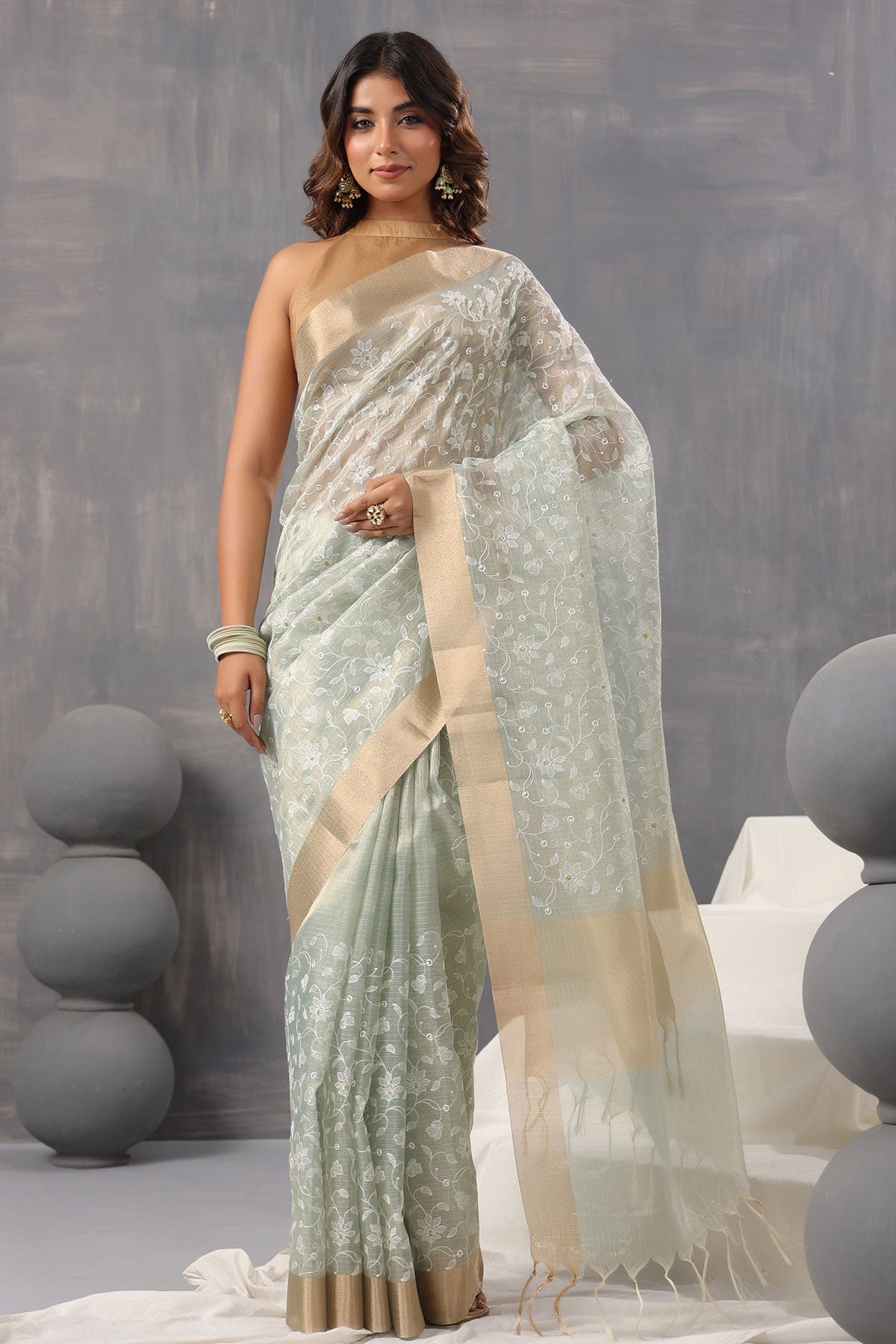 Sea Green Cotton Tissue Woven Saree