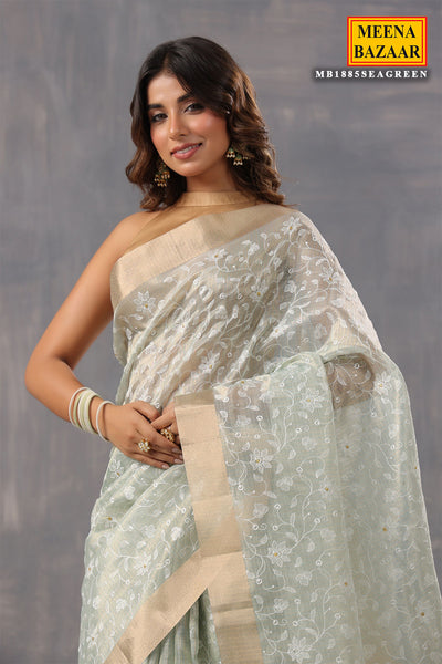 Sea Green Cotton Tissue Woven Saree