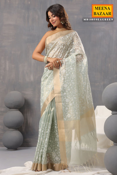 Sea Green Cotton Tissue Woven Saree