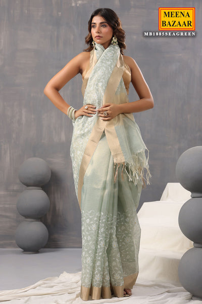 Sea Green Cotton Tissue Woven Saree