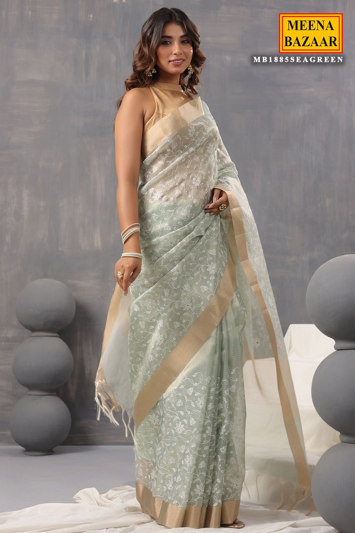 Sea Green Cotton Tissue Woven Saree